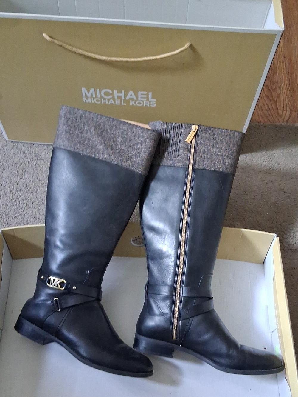 MICHAEL Michael Kors Black Leather Knee-High Logo-Cuff Riding Boots